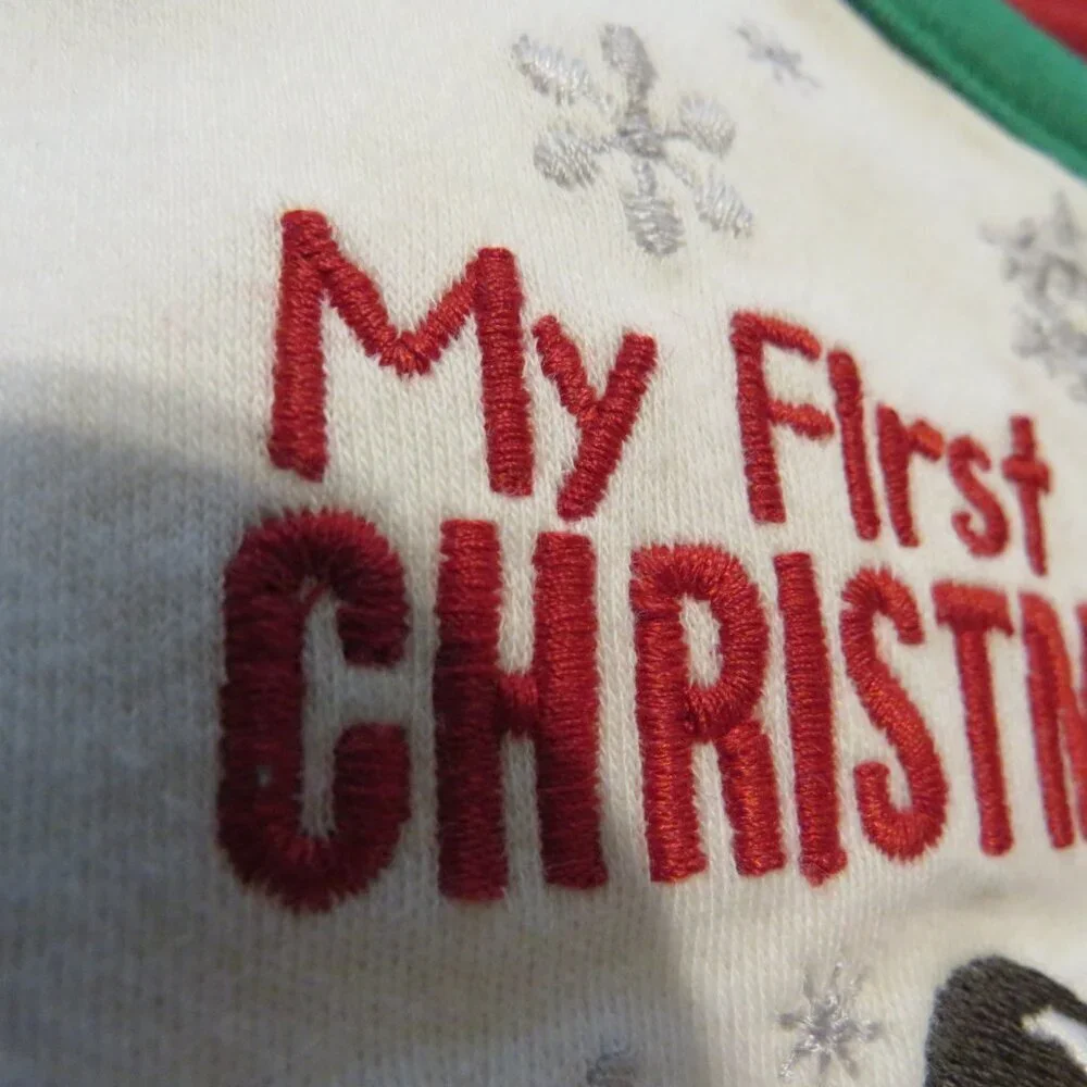 Baby First Christmas Red & White Striped Footed Bodysuit & Embroidered Bib